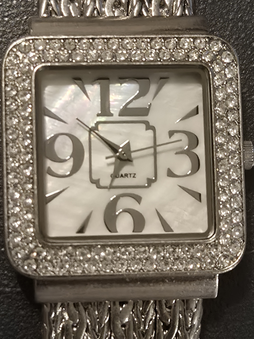 Chico's Mother Of Pearl Face Silver-Tone Rhinestone Square Quartz Watch